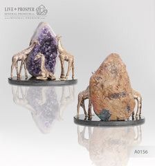 Bronze giraffes family with agate geode amethyst on a dolerite plate Бронзовое Семейство жирафов с жеодой агата аметистовой друзой на пластине из долерита 