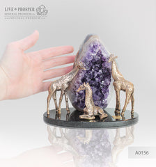 Bronze giraffes family with agate geode amethyst on a dolerite plate Бронзовое Семейство жирафов с жеодой агата аметистовой друзой на пластине из долерита 