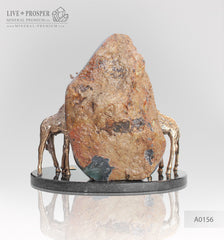 Bronze giraffes family with agate geode amethyst on a dolerite plate Бронзовое Семейство жирафов с жеодой агата аметистовой друзой на пластине из долерита 