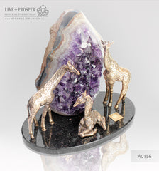 Bronze giraffes family with agate geode amethyst on a dolerite plate Бронзовое Семейство жирафов с жеодой агата аметистовой друзой на пластине из долерита 