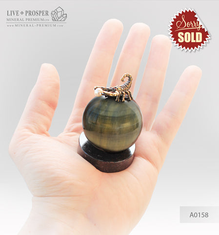 Bronze figure of scorpion on a Chrysoberyl sphere with sea pearl and Swarovski inserts small