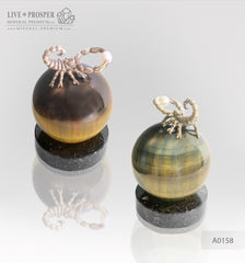 Bronze figure of scorpion on a Chrysoberyl sphere with sea pearl and Swarovski inserts on dolerite plate extra small Бронзовый скорпион на сфере из кошачьего глаза с морской жемчужиной и вставками из Сваровски на пластине из долерита -малый
