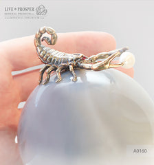 Bronze figure of scorpion on geode agate amethyst sphere with sea pearl and Swarovski inserts on dolerite plate №2 Бронзовый скорпион в жеода аметиста агатовом шаре с морской жемчужиной и вставками из Сваровски на пластине из долерита №2
