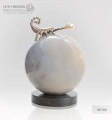 Bronze figure of scorpion on geode agate amethyst sphere with sea pearl and Swarovski inserts on dolerite plate №2 Бронзовый скорпион в жеода аметиста агатовом шаре с морской жемчужиной и вставками из Сваровски на пластине из долерита №2