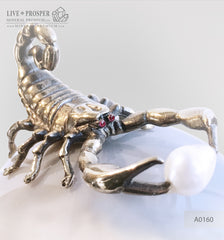 Bronze figure of scorpion on geode agate amethyst sphere with sea pearl and Swarovski inserts on dolerite plate Бронзовый скорпион на жеоде аметиста агатовом шаре с морской жемчужиной и вставками из Сваровски на пластине из долерита