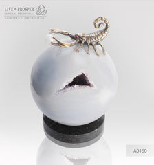Bronze figure of scorpion on geode agate amethyst sphere with sea pearl and Swarovski inserts on dolerite plate №2 Бронзовый скорпион в жеода аметиста агатовом шаре с морской жемчужиной и вставками из Сваровски на пластине из долерита №2