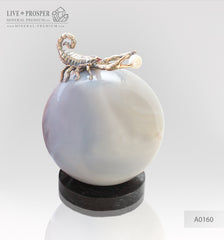 Bronze figure of scorpion on geode agate amethyst sphere with sea pearl and Swarovski inserts on dolerite plate №2 Бронзовый скорпион в жеода аметиста агатовом шаре с морской жемчужиной и вставками из Сваровски на пластине из долерита №2