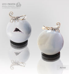 Bronze figure of scorpion on geode agate amethyst sphere with sea pearl and Swarovski inserts on dolerite plate №2 Бронзовый скорпион в жеода аметиста агатовом шаре с морской жемчужиной и вставками из Сваровски на пластине из долерита №2