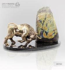 Bronze Bull figure with labradorite on dolerite plate