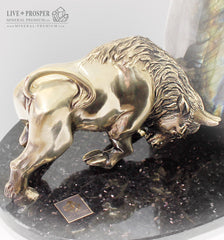 Bronze Bull figure with labradorite on dolerite plate