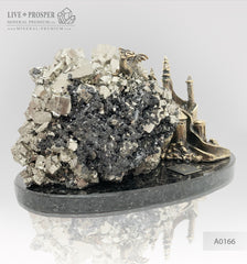 Bronze figures of Dragon and Castle with Pyrite on a dolerite plate  Бронзовые Дракон и замком с Пиритом на пластине из долерита