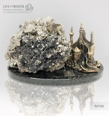 Bronze figures of Dragon and Castle with Pyrite on a dolerite plate  Бронзовые Дракон и замком с Пиритом на пластине из долерита