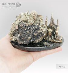Bronze figures of Dragon and Castle with Pyrite on a dolerite plate  Бронзовые Дракон и замком с Пиритом на пластине из долерита
