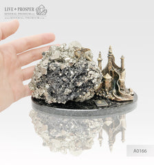 Bronze figures of Dragon and Castle with Pyrite on a dolerite plate  Бронзовые Дракон и замком с Пиритом на пластине из долерита