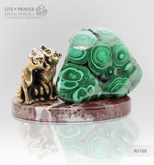 Bronze figures of sweetheart сat couple with gems inserts and malachite on marvel plate  Бронзовая пара влюблённых кошек со вставками из самоцветов c малахитом на мраморной пластине