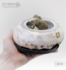 Bronze figure of goldfish with demantoid inserts in amethyst agate geode cave on a dolerite plate - money bank Бронзовая "Золотая" рыбка со вставками из демантоидов в жеоде агата аметистовом гроте на пластине из долерита - копилка для денег