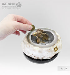 Bronze figure of goldfish with demantoid inserts in amethyst agate geode cave on a dolerite plate - money bank Бронзовая "Золотая" рыбка со вставками из демантоидов в жеоде агата аметистовом гроте на пластине из долерита - копилка для денег