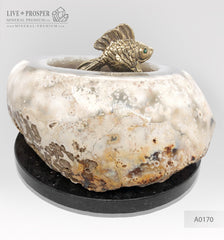 Bronze figure of goldfish with demantoid inserts in amethyst agate geode cave on a dolerite plate - money bank Бронзовая "Золотая" рыбка со вставками из демантоидов в жеоде агата аметистовом гроте на пластине из долерита - копилка для денег