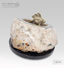 Bronze figure of goldfish with demantoid inserts in amethyst agate geode cave on a dolerite plate - money bank Бронзовая "Золотая" рыбка со вставками из демантоидов в жеоде агата аметистовом гроте на пластине из долерита - копилка для денег
