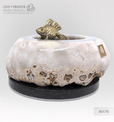 Bronze figure of goldfish with demantoid inserts in amethyst agate geode cave on a dolerite plate - money bank Бронзовая "Золотая" рыбка со вставками из демантоидов в жеоде агата аметистовом гроте на пластине из долерита - копилка для денег