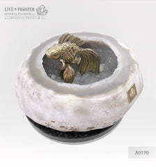 Bronze figure of goldfish with demantoid inserts in amethyst agate geode cave on a dolerite plate - money bank Бронзовая "Золотая" рыбка со вставками из демантоидов в жеоде агата аметистовом гроте на пластине из долерита - копилка для денег