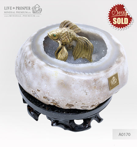 Bronze figure of goldfish with demantoid inserts in amethyst agate geode cave - money bank