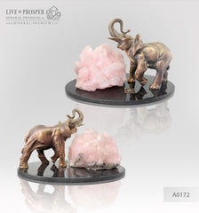 Bronze elephant figure with mangano calcite amethyst on dolerite plate  Бронзовый слон с мангано кальцитом на пластине из долерита 