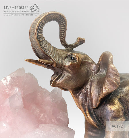 Bronze elephant figure with mangano calcite amethyst on dolerite plate A0172