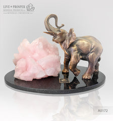 Bronze elephant figure with mangano calcite amethyst on dolerite plate  Бронзовый слон с мангано кальцитом на пластине из долерита 