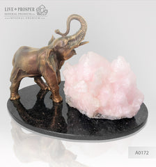 Bronze elephant figure with mangano calcite amethyst on dolerite plate  Бронзовый слон с мангано кальцитом на пластине из долерита 