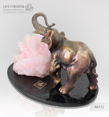 Bronze elephant figure with mangano calcite amethyst on dolerite plate  Бронзовый слон с мангано кальцитом на пластине из долерита 