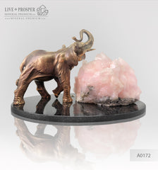 Bronze elephant figure with mangano calcite amethyst on dolerite plate  Бронзовый слон с мангано кальцитом на пластине из долерита 