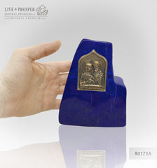 Bronze overlay of the icon figures of Peter and Fevronia with lapis lazuli on a dolerite plate Бронзовая накладка иконки Петра и Февронии с лазуритом на пластине из долерита подарок на день всех влюбленных подарок любимой любовь gift store Love gift камень любви stone of love 