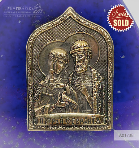 Bronze overlay of the icon figures of Peter and Fevronia with lapis lazuli  A0173B
