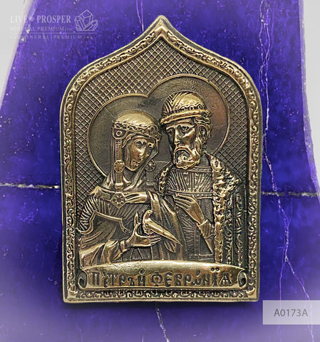 Copy of Bronze overlay of the icon figures of Peter and Fevronia with lapis lazuli A0173A