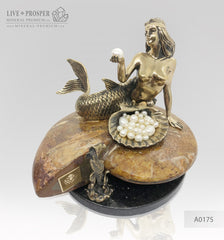 Bronze Mermaid and seahorse with River and Sea Pearls on Ammonite dolerite base  Бронзовая Русалочка и Морской конёк с Речным и Морским Жемчугом на Аммоните подставка из долерита 