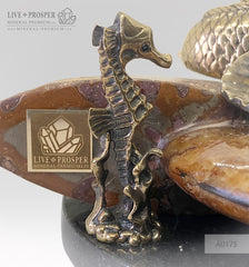 Bronze Mermaid and seahorse with River and Sea Pearls on Ammonite dolerite base  Бронзовая Русалочка и Морской конёк с Речным и Морским Жемчугом на Аммоните подставка из долерита 