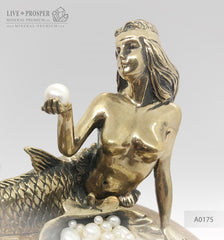 Bronze Mermaid and seahorse with River and Sea Pearls on Ammonite dolerite base  Бронзовая Русалочка и Морской конёк с Речным и Морским Жемчугом на Аммоните подставка из долерита 
