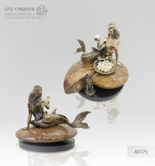 Bronze Mermaid and seahorse with River and Sea Pearls on Ammonite dolerite base  Бронзовая Русалочка и Морской конёк с Речным и Морским Жемчугом на Аммоните подставка из долерита 