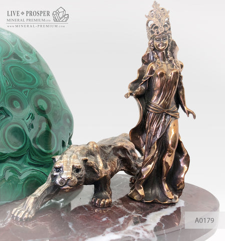 Bronze figures of the Goddess Diana and Cougar with malachite on a marble plate