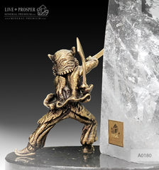 Bronze Samurai with the quartz obelisk on a dolerite plate and color led illumination system  Бронзовый Самурай и обелиск из кварца на пластине из долерита с цветной подсветкой Mineral Premium Gift store Подарок руководителю подарок на 23 февраля 