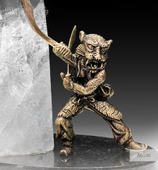 Bronze Samurai with the quartz obelisk on a dolerite plate and color led illumination system  Бронзовый Самурай и обелиск из кварца на пластине из долерита с цветной подсветкой Mineral Premium Gift store Подарок руководителю подарок на 23 февраля 