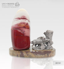 Silver Boar figure with Swarovski inserts and the Jasper stone on the marble base - pen-holder  Серебряный Кабан со вставками Swarovski и Яшмой на пластине из мрамора - подставка для ручки