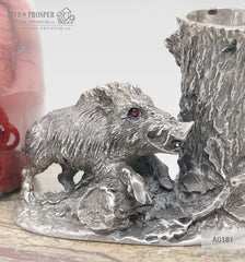 Silver Boar figure with Swarovski inserts and the Jasper stone on the marble base - pen-holder  Серебряный Кабан со вставками Swarovski и Яшмой на пластине из мрамора - подставка для ручки