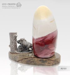 Silver Boar figure with Swarovski inserts and the Jasper stone on the marble base - pen-holder  Серебряный Кабан со вставками Swarovski и Яшмой на пластине из мрамора - подставка для ручки