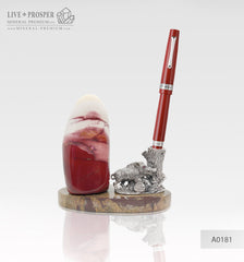Silver Boar figure with Swarovski inserts and the Jasper stone on the marble base - pen-holder  Серебряный Кабан со вставками Swarovski и Яшмой на пластине из мрамора - подставка для ручки