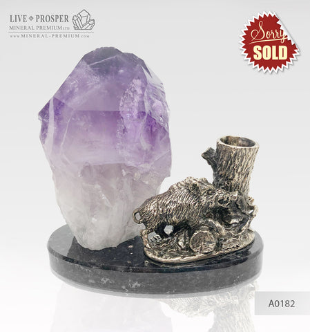 Bronze Boar figure with amethyst on a dolerite plate - pen-holder