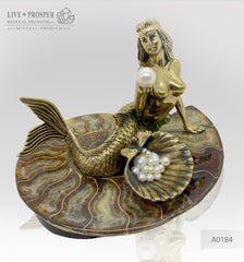 Bronze Mermaid and seahorse with River and Sea Pearls on Ammonite dolerite base Бронзовая Русалочка и Морской конёк с Речным и Морским Жемчугом на Аммоните подставка из долерита. Подарок на свадьбу подарок на новоселье Edit alt text