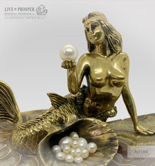 Bronze Mermaid and seahorse with River and Sea Pearls on Ammonite dolerite base Бронзовая Русалочка и Морской конёк с Речным и Морским Жемчугом на Аммоните подставка из долерита. Подарок на свадьбу подарок на новоселье Edit alt text