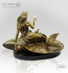 Bronze Mermaid and seahorse with River and Sea Pearls on Ammonite dolerite base Бронзовая Русалочка и Морской конёк с Речным и Морским Жемчугом на Аммоните подставка из долерита. Подарок на свадьбу подарок на новоселье Edit alt text